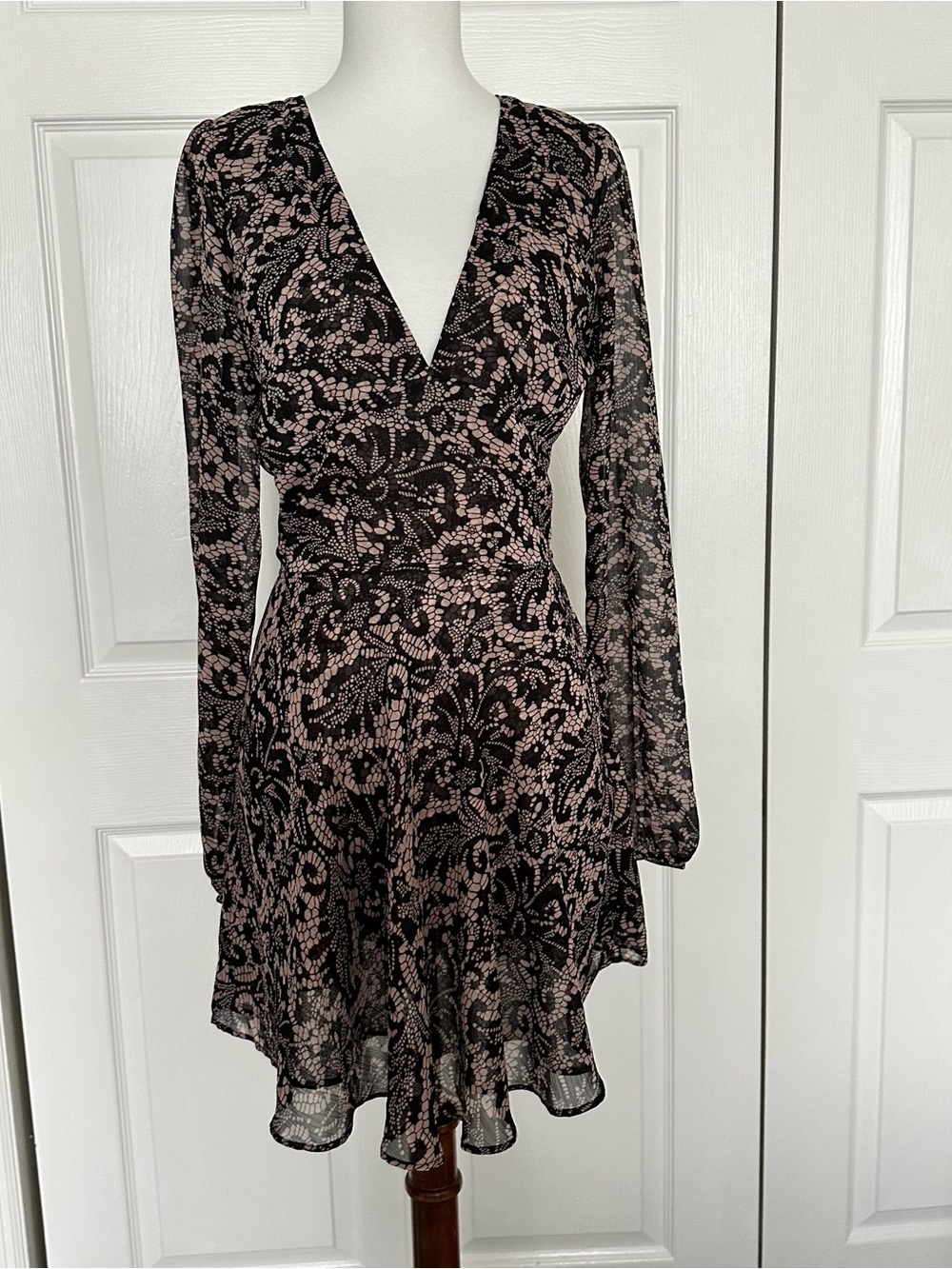Reformation paisley Black and Blush Floral Long-Sleeve V-Neck Dress
